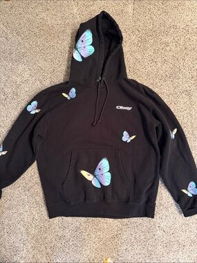 Obey Black Hoodie with Pastel Butterfly Prints
